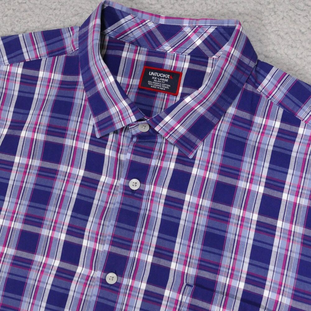 Untuckit Shirt Mens 2XL Relaxed Fit Blue Plaid Button Long Sleeve Organic Cotton